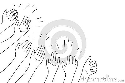 Applause hands set on doodle style. Human hands sketch, scribble arms wave clapping on white background, thumb up Vector Illustration