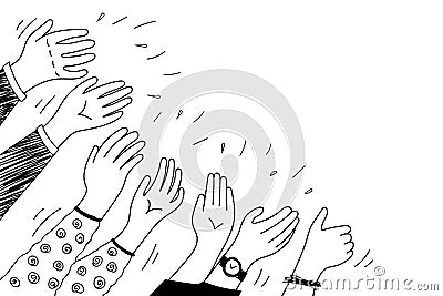 Applause hands set on doodle style. Human hands sketch, scribble arms wave clapping on white background, thumb up Vector Illustration