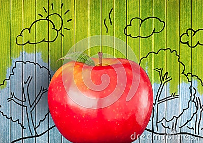 apple against colourful painted wood with nature drawings Stock Photo