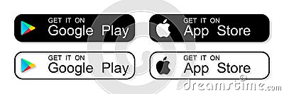 Apple App store and Google Play store. Download App buttons. Isolated black icons set on white background. Download mobile Vector Illustration