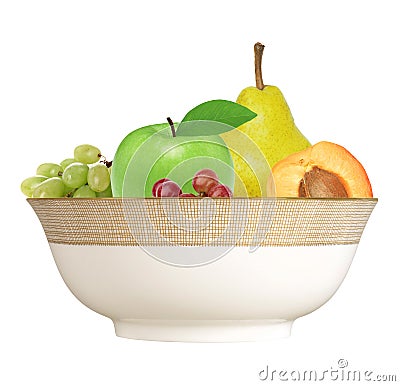 Apple, apricot, pear and grape in plate isolated on white Stock Photo