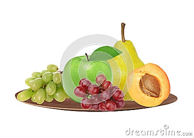 Apple, apricot, pear and grape on plate isolated on white Stock Photo
