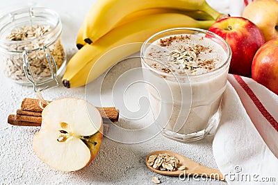 Apple and banana oatmeal smoothie raw helthy breakfast Stock Photo