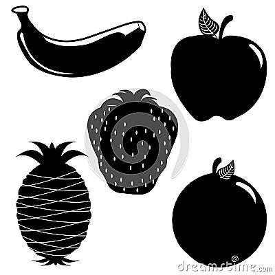 Apple banana orange strawberry pineapple silhouett Vector Illustration