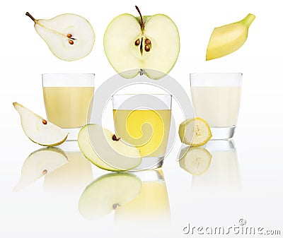 Apple , banana, pear, juice in glass isolated on white Stock Photo