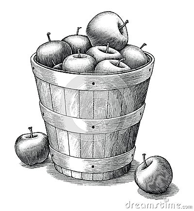 Apple in basket hand drawing vintage style black and white clip art isolated on white background Vector Illustration