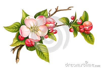 Apple blossom branch spring pink white vintage flowers green leaves isolated on white background. Digital watercolor illustration. Cartoon Illustration