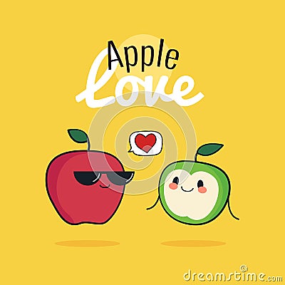 Apple cartoon characters, Cute fruit couple, Vintage poster flat design with Vector illustration, Red and green apples Cartoon Illustration