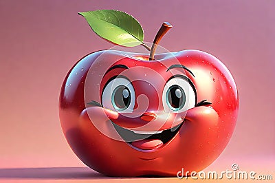 Apple Character Smiling - 3D Render with Exaggerated Cute Features, Radiant Glow, Solid Pastel Background Stock Photo