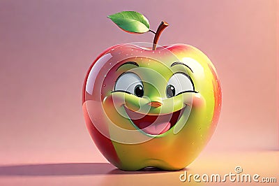 Apple Character Smiling - 3D Render with Exaggerated Cute Features, Radiant Glow, Solid Pastel Background Stock Photo