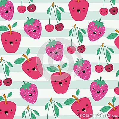 Apple cherries and strawberries kawaii fruits pattern set with face expression on decorative lines color background Vector Illustration