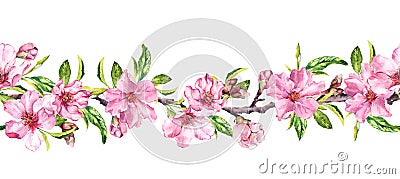 Apple, cherry pink flowers. Seamless floral stripe frame. Botanical watercolour painted border Stock Photo