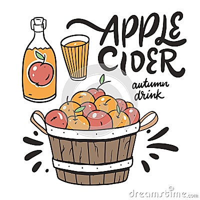 Apple cider autumn drink. Hand drawn sketch. Line art style. Vector Illustration