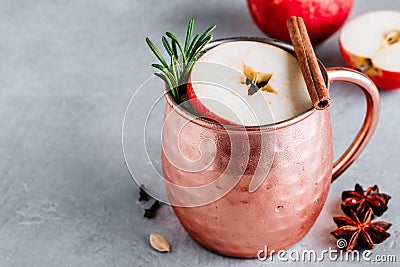 Apple Cider Moscow Mule cocktail with cinnamon stick and rosemary in copper Stock Photo