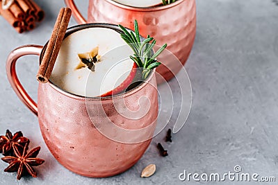 Apple Cider Moscow Mule cocktail with cinnamon stick and rosemary in copper Stock Photo