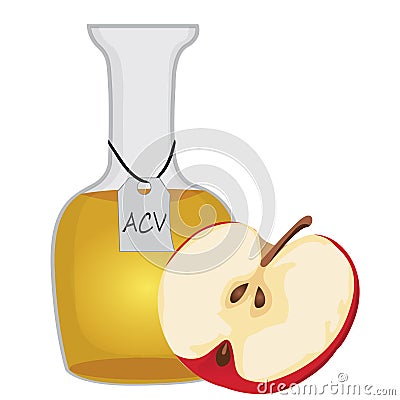 Apple cider vinegar and a half of an apple Vector Illustration