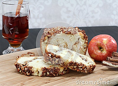 Apple, cinnamon pound cake with a pecan topping. Copy space and Stock Photo