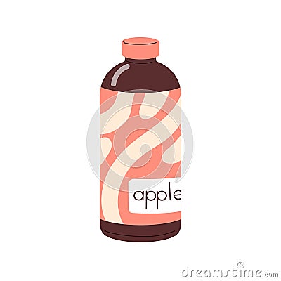 Apple drink in bottle. Cold juice, summer lemonade, infused water. Fresh fruit cooling beverage. Healthy natural Vector Illustration