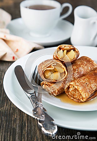 Apple-filled crepes Stock Photo