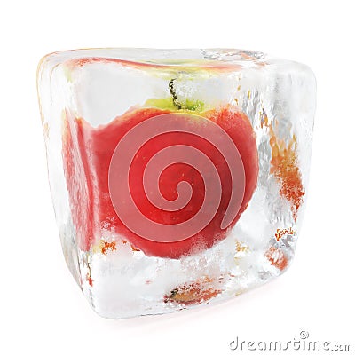 Apple frozen in ice cube. Ice cube in front view, single ice cube isolated on white background. 3d rendering Stock Photo
