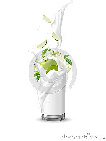 Apple fruit milk juice splashing into the glass with swirl. Apple slices falling in the cup. Cream pouring wave yogurt packaging Vector Illustration