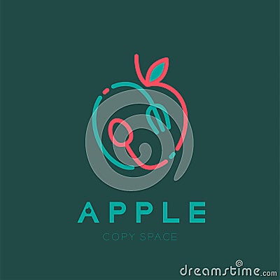 Apple fruit with spoon and fork logo icon outline stroke set design illustration Vector Illustration