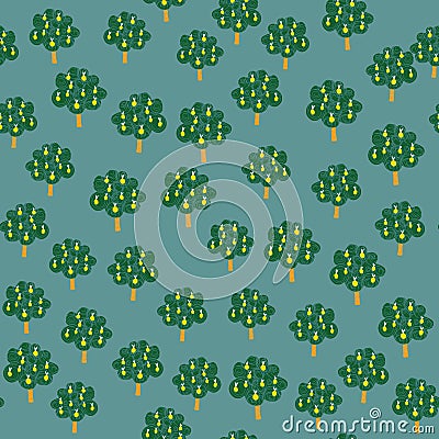 Apple fruit trees seamless pattern on blue background. DCute dodle fruits tree wallpaper Cartoon Illustration