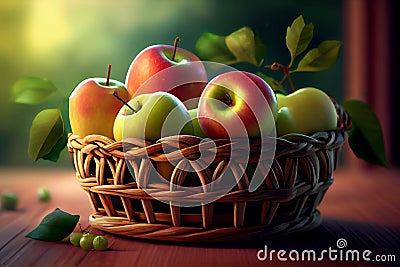 Apple fruits in Bamboo basket on wooden table, Apples group freshly picked in a basket on a wooden table, Generative AI Cartoon Illustration