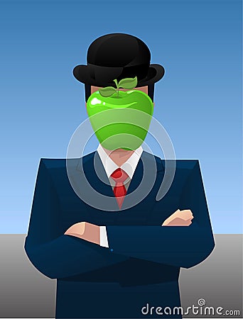 Apple head business man standing wearing a blue suit. Cartoon Illustration