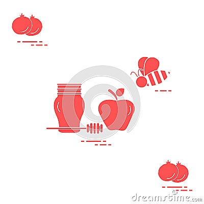 Apple in honey in Rosh Hashanah, pomegranate, bee. Traditional Jewish food and symbols Vector Illustration
