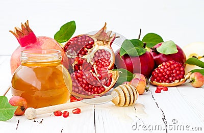 Apple and honey, traditional food of jewish New Year - Rosh Hashana. Copy space background. Stock Photo