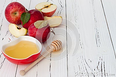 Apple and honey, traditional food of jewish New Year - Rosh Hashana. Copyspace background Stock Photo