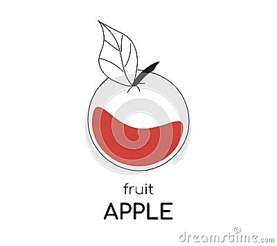 Apple illustration. Contour image with a drop of red color. The fruit of the apple tree. Isolated fruit with text. Vector Illustration