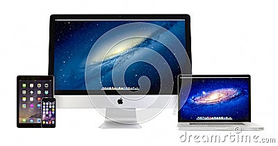 Apple iMac 27 inch, Macbook Pro, iPad Air 2 and iPhone 6 Editorial Stock Photo