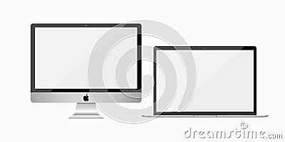 Apple iMac and MacBook. Realistic modern monitor, computer, laptop. Device Mockup. Electronics industry. Vector illustration. EPS Vector Illustration