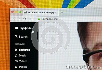 Apple iMac with Myspace homepage on monitor screen. Myspace is online social networking website. Homepage of Myspace.com on PC Editorial Stock Photo