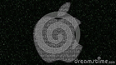 Apple Inc. logo made of hexadecimal symbols on computer screen. Editorial 3D rendering Editorial Stock Photo