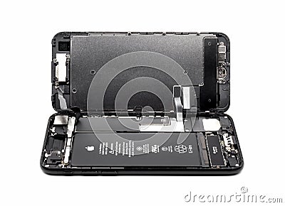 Apple iPhone 7 disassembled showing components inside Editorial Stock Photo