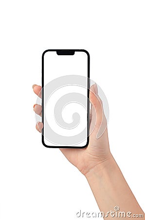 Apple iPhone 13 mock up in a female hand isolated on a white background Editorial Stock Photo