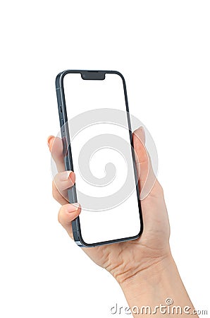 Apple iPhone 13 mock up in a turned female hand isolated on a white background Editorial Stock Photo