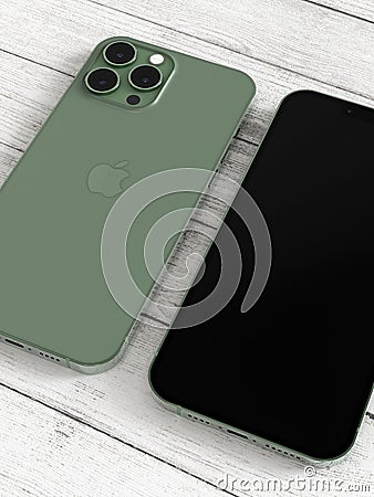 Apple iPhone 13 Pro Max Alpine Green, front and back sides comparison Editorial Stock Photo