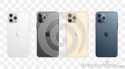 Apple iPhone 12 Pro Max in four colors. Iphone mockup set. the back of the phone. Vector illustration isolated on transparent Vector Illustration