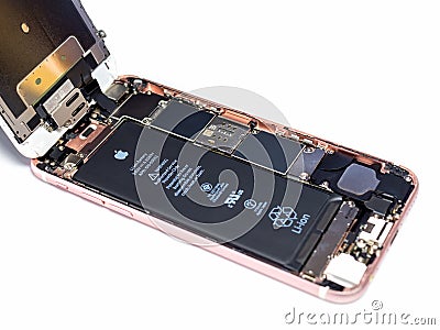 Apple iPhone 6S disassembled showing components inside Editorial Stock Photo