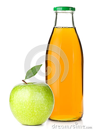 Apple juice in a glass bottle and ripe apple Stock Photo