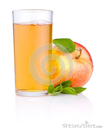 Apple juice in glass and Red apple with green leaf Stock Photo