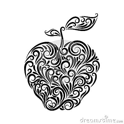 An apple with leaves is drawn with a black line from an ornament. Symbol. Fruit. Proper nutrition. Healthy food Vector Illustration