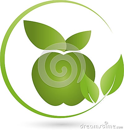 Apple and leaves in green, eating advice and eating logo Stock Photo