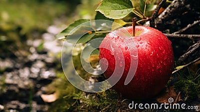 Raw And Earthcore-inspired Red Apple On Tree With Water Droplets Stock Photo