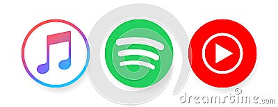 Apple music, spotify, youtube misic. - Collection of popular Music streaming services logo. Popular music streaming service. Cartoon Illustration