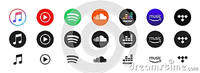 Apple music, spotify, youtube misic, soundcloud, deezer, tidal, amazon music. - Collection of popular Music streaming services Cartoon Illustration